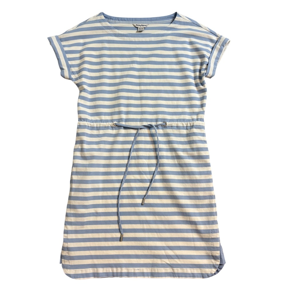 Tommy Bahama XS Blue White Striped Drawstring Waist Mini Dress Short Sleeve - Picture 1 of 8